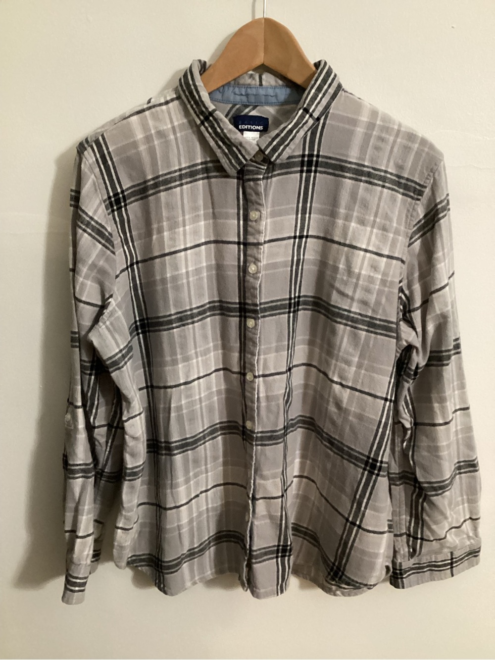 Basic Editions Gray and White Plaid Button-Down Shirt